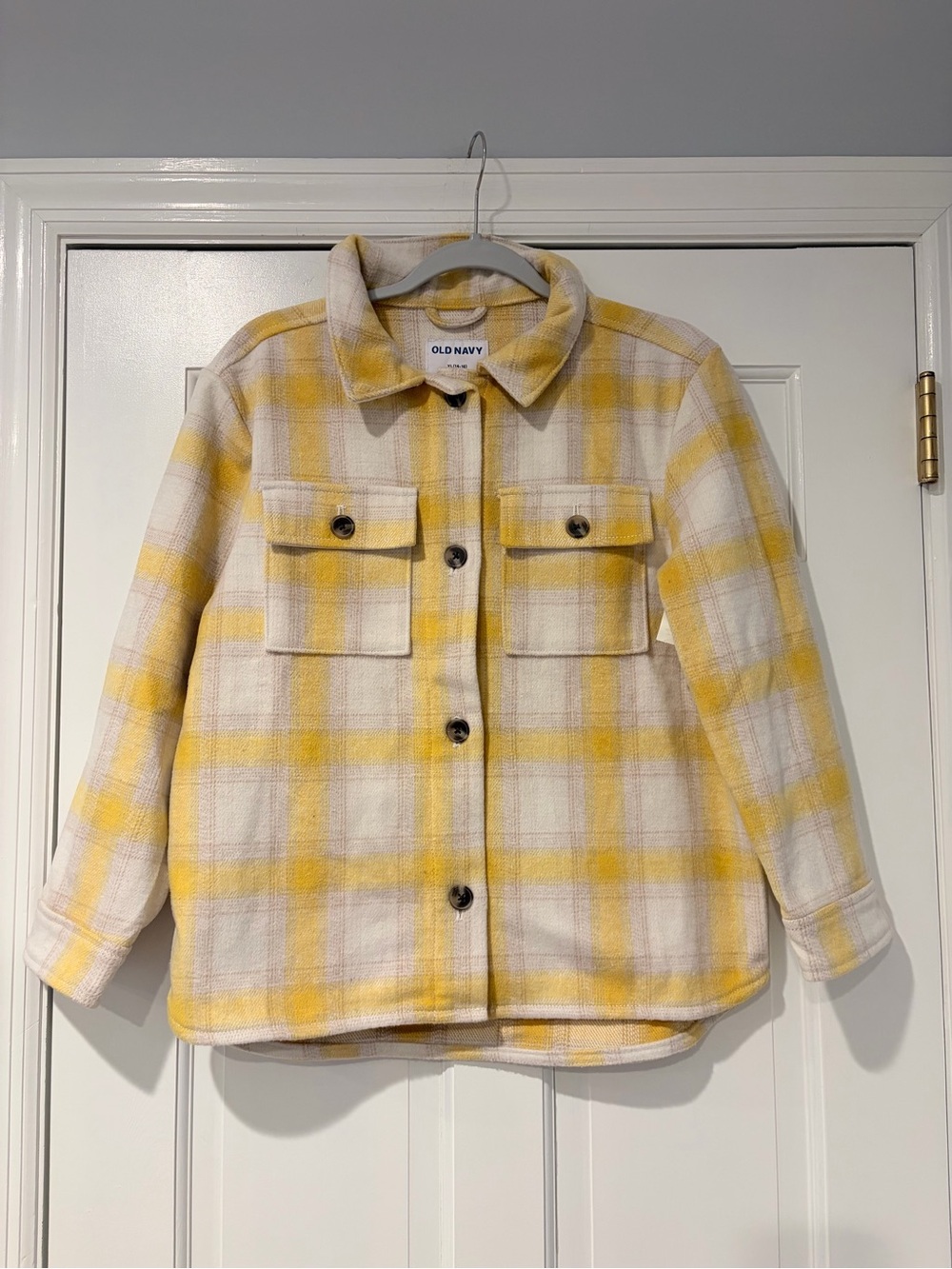 Old Navy Girls Plaid Shacket Jacket XL 14-16 Yellow Cream Button Front NWT